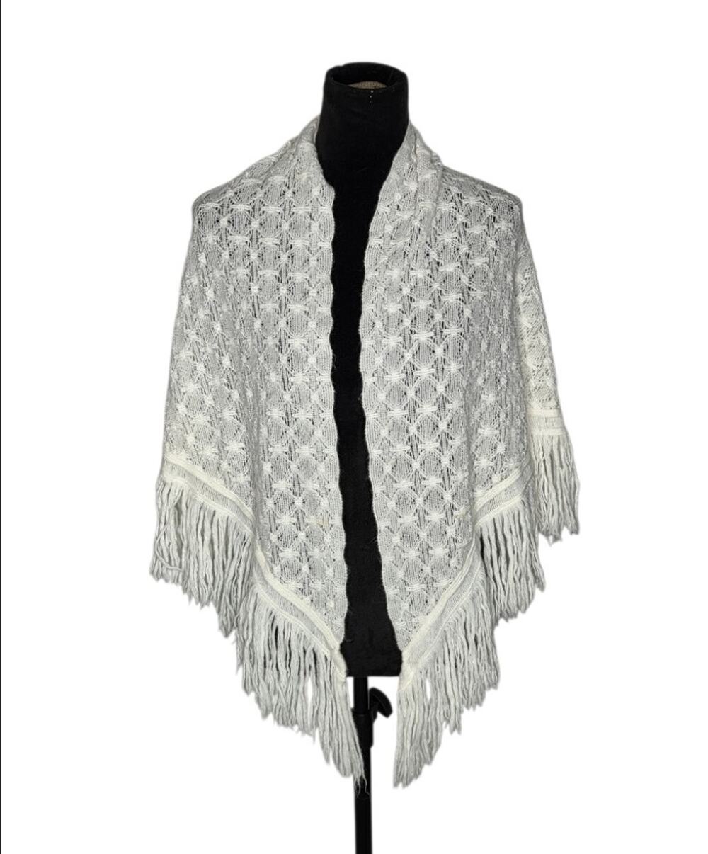 VTG Specialty Horse Fashion Japan 70s Boho White Crochet Fringe Shawl Wrap